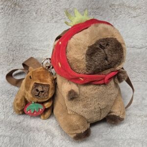 Adorable Capybara Brown Plush Backpack Strawberry Outfit Matching Keychain Gift
